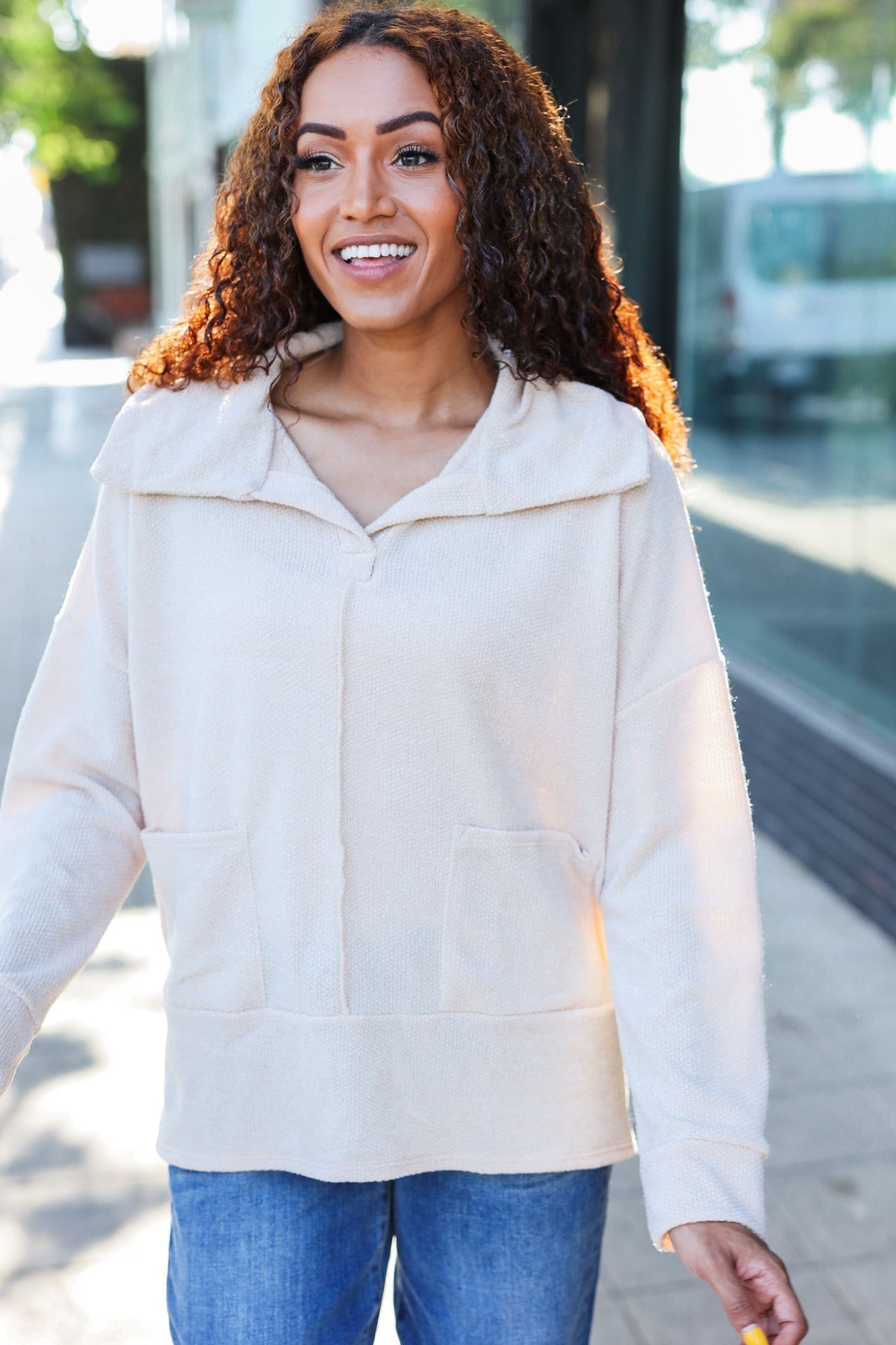 Anke® | Easy Living oatmeal knit sweater with a notched neckline and oversized collar