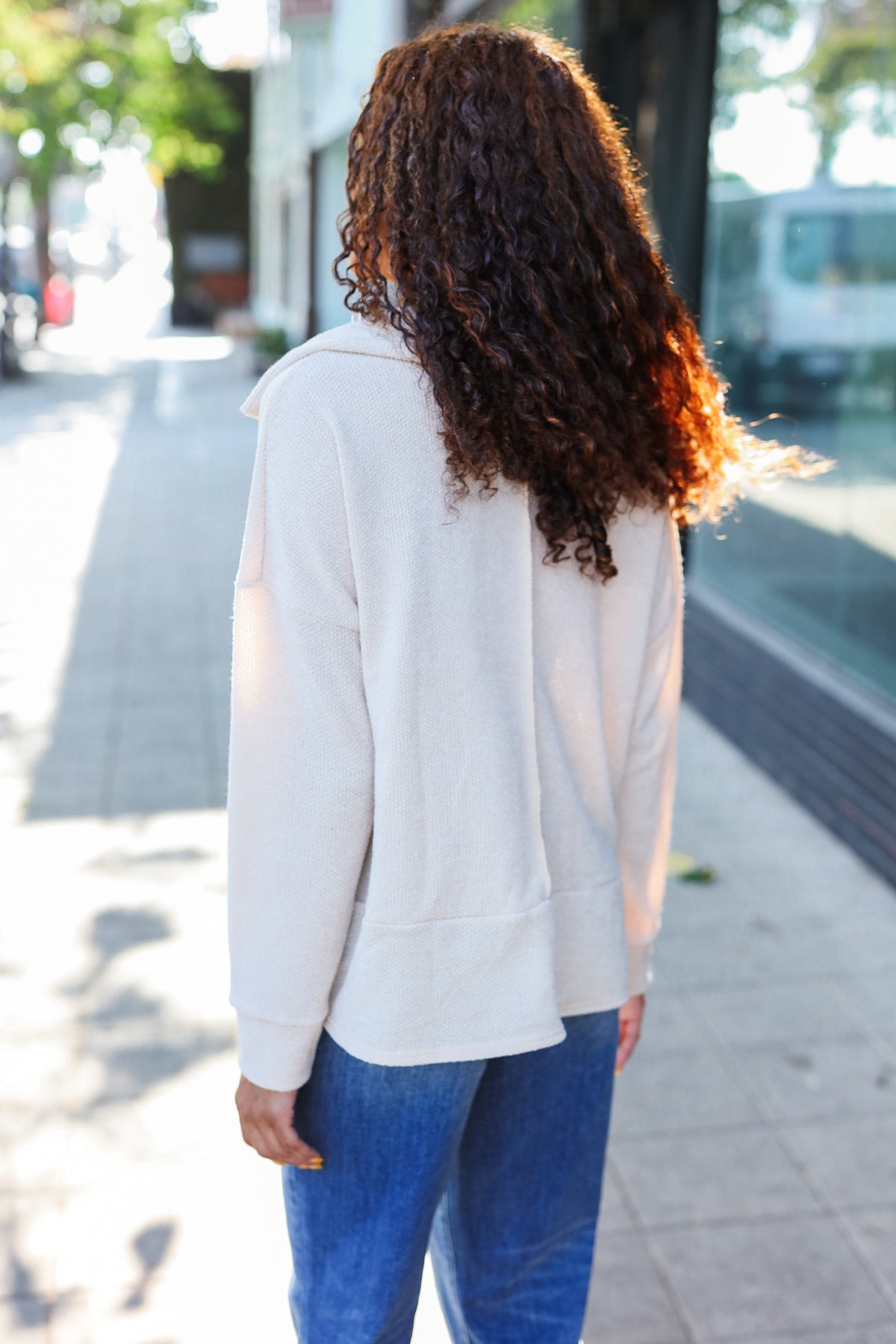 Anke® | Easy Living oatmeal knit sweater with a notched neckline and oversized collar