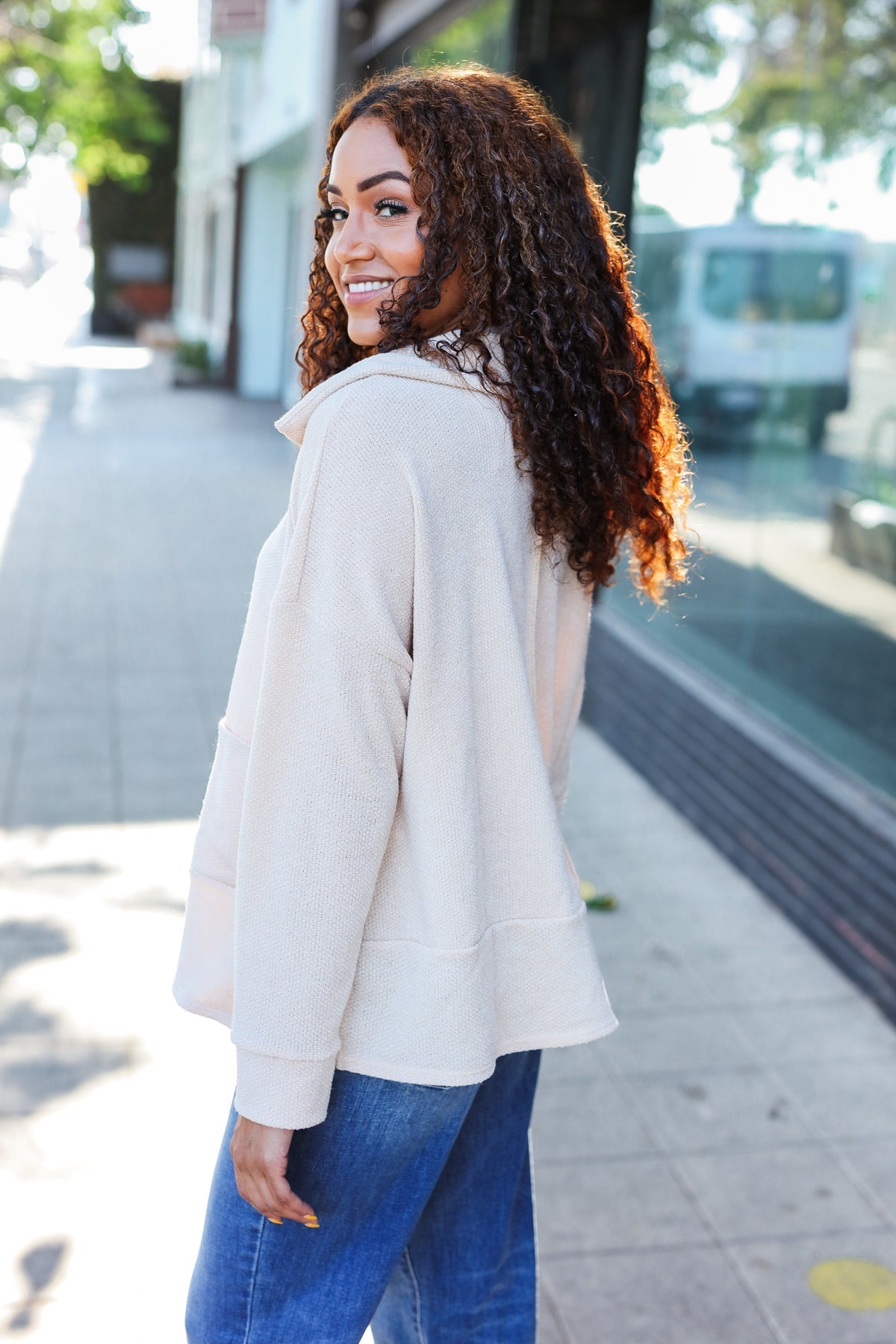 Anke® | Easy Living oatmeal knit sweater with a notched neckline and oversized collar