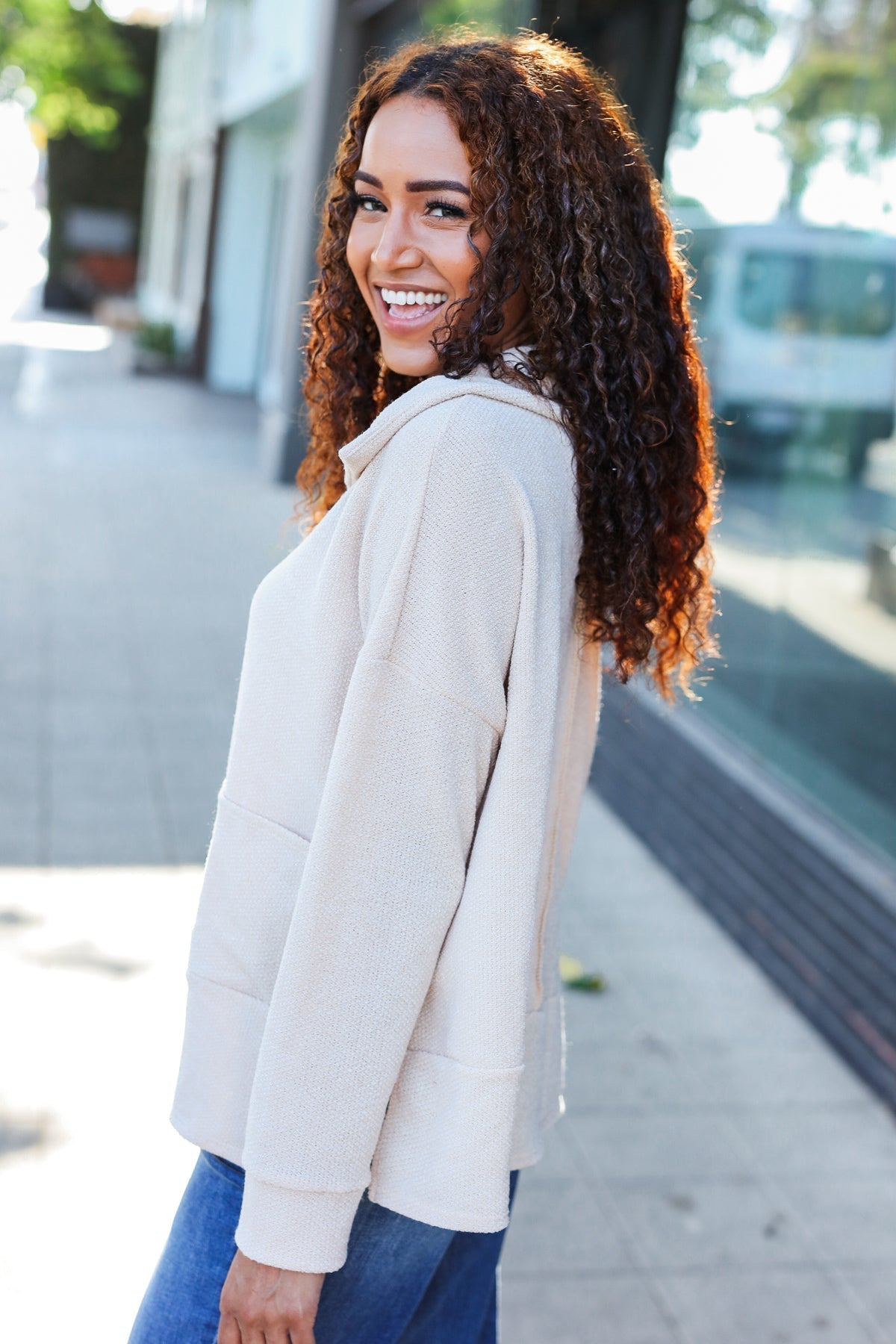 Anke® | Easy Living oatmeal knit sweater with a notched neckline and oversized collar