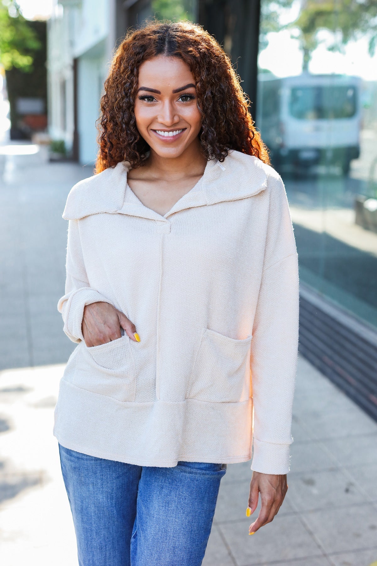 Anke® | Easy Living oatmeal knit sweater with a notched neckline and oversized collar