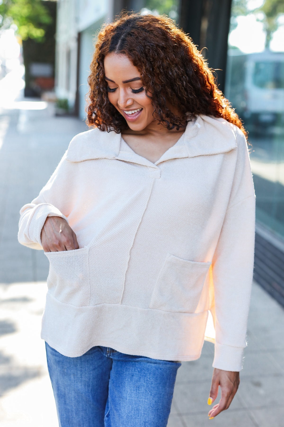 Anke® | Easy Living oatmeal knit sweater with a notched neckline and oversized collar