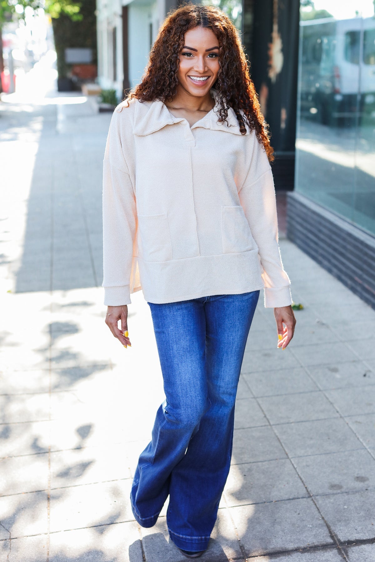 Anke® | Easy Living oatmeal knit sweater with a notched neckline and oversized collar