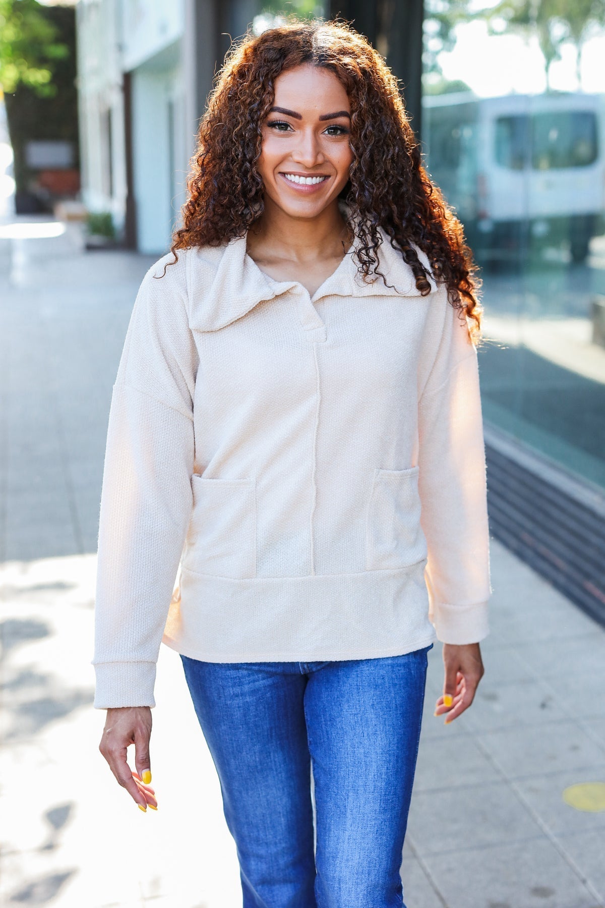 Anke® | Easy Living oatmeal knit sweater with a notched neckline and oversized collar