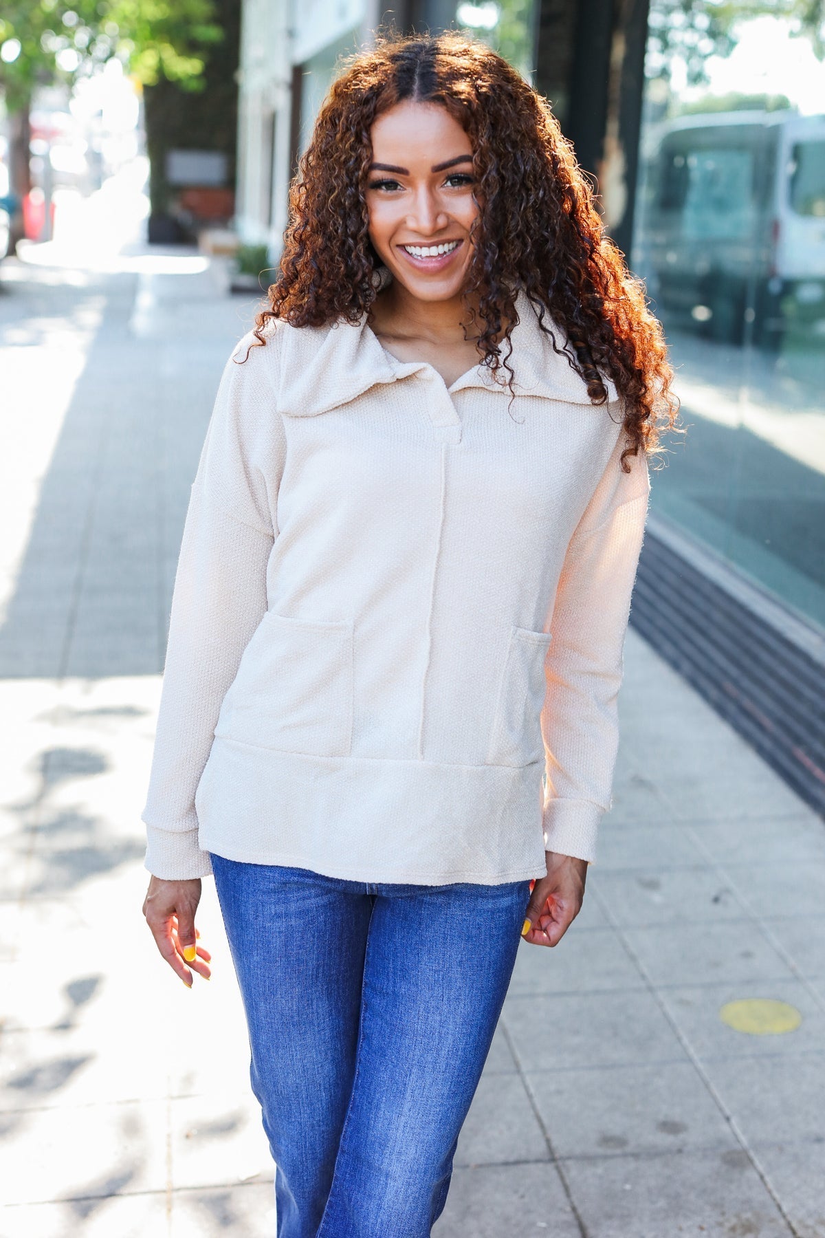 Anke® | Easy Living oatmeal knit sweater with a notched neckline and oversized collar