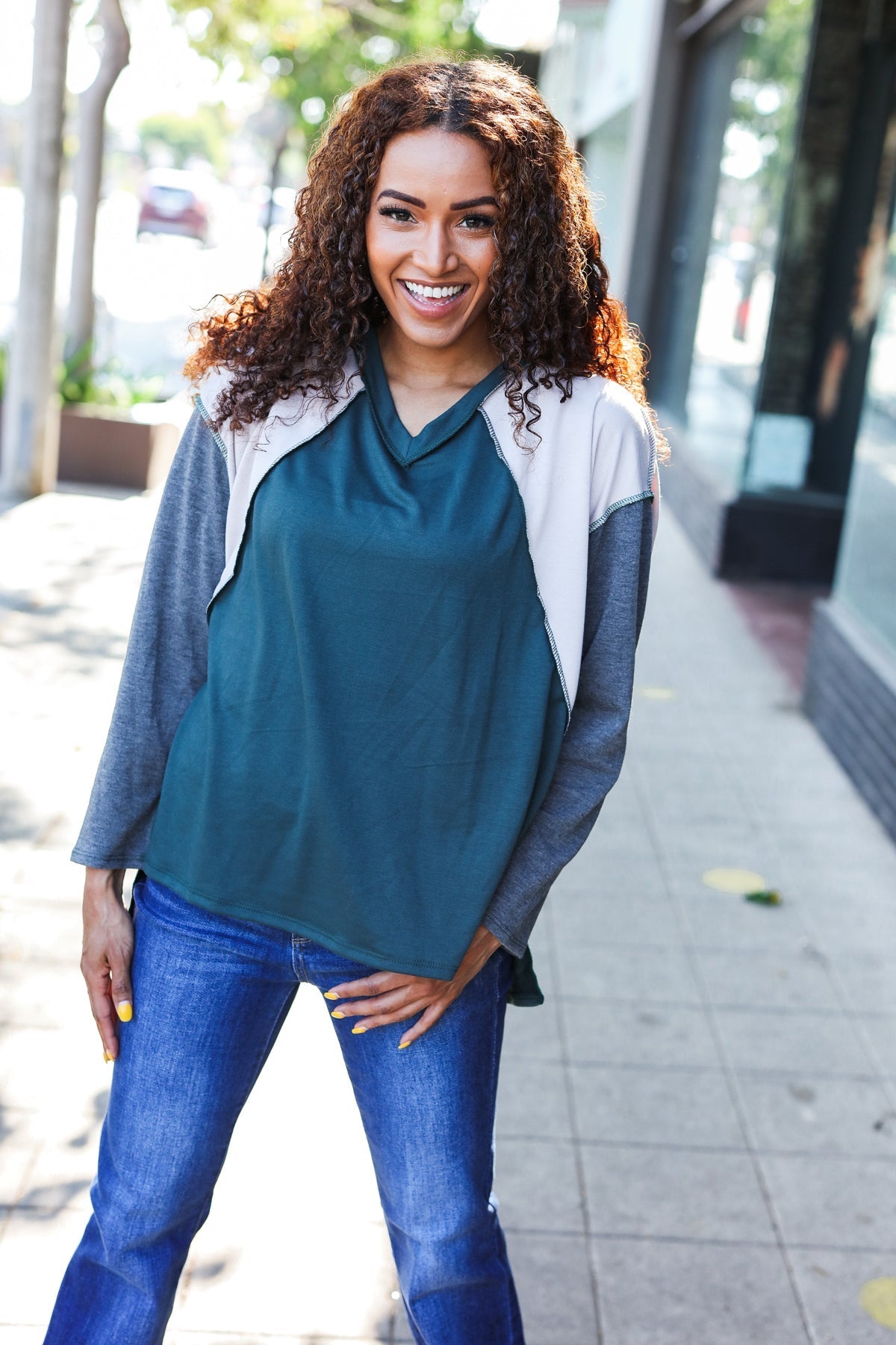 Beate® | Standout hunter green raglan top with color block outseam and V-neckline