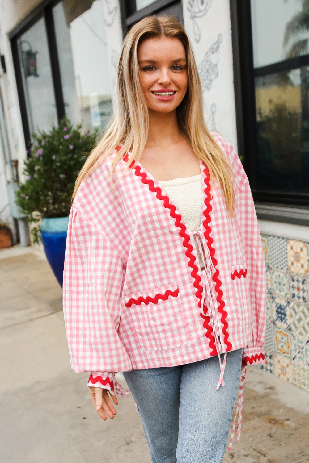 Eliza® | Spellbound red and pink cotton ribbon tie jacket with gingham pockets