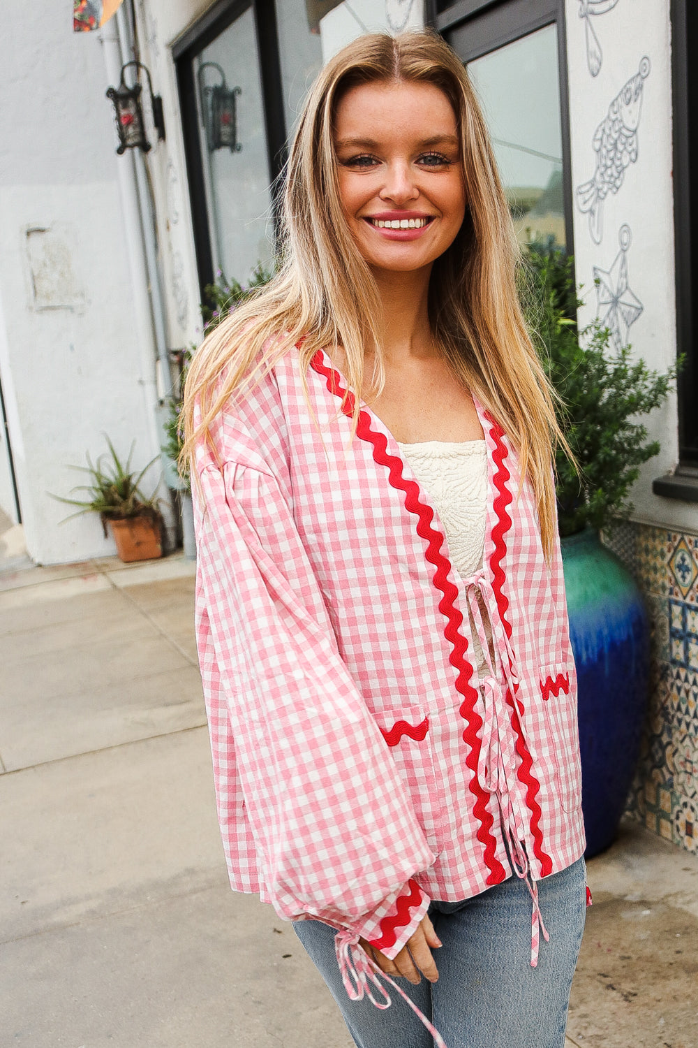 Eliza® | Spellbound red and pink cotton ribbon tie jacket with gingham pockets