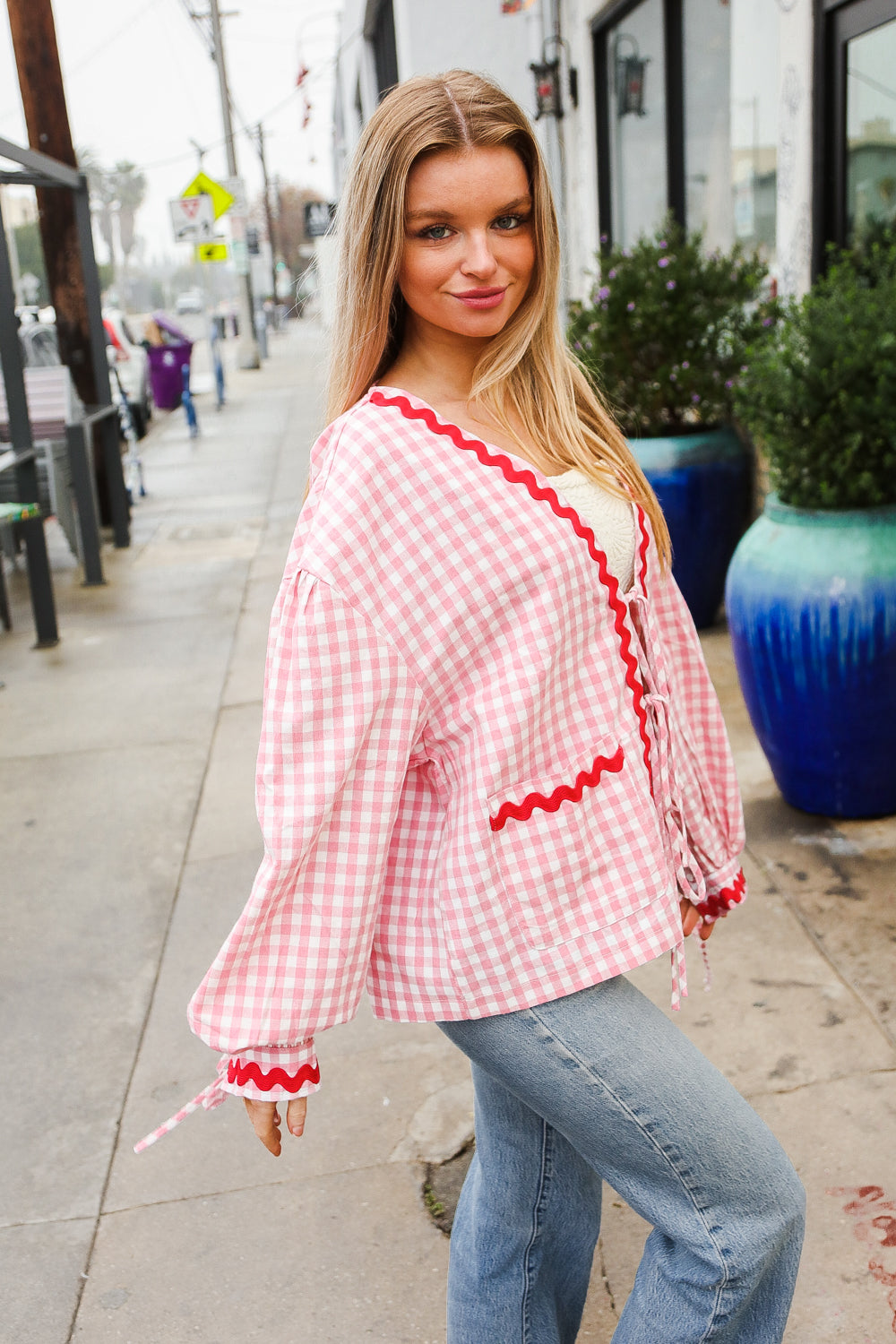 Eliza® | Spellbound red and pink cotton ribbon tie jacket with gingham pockets
