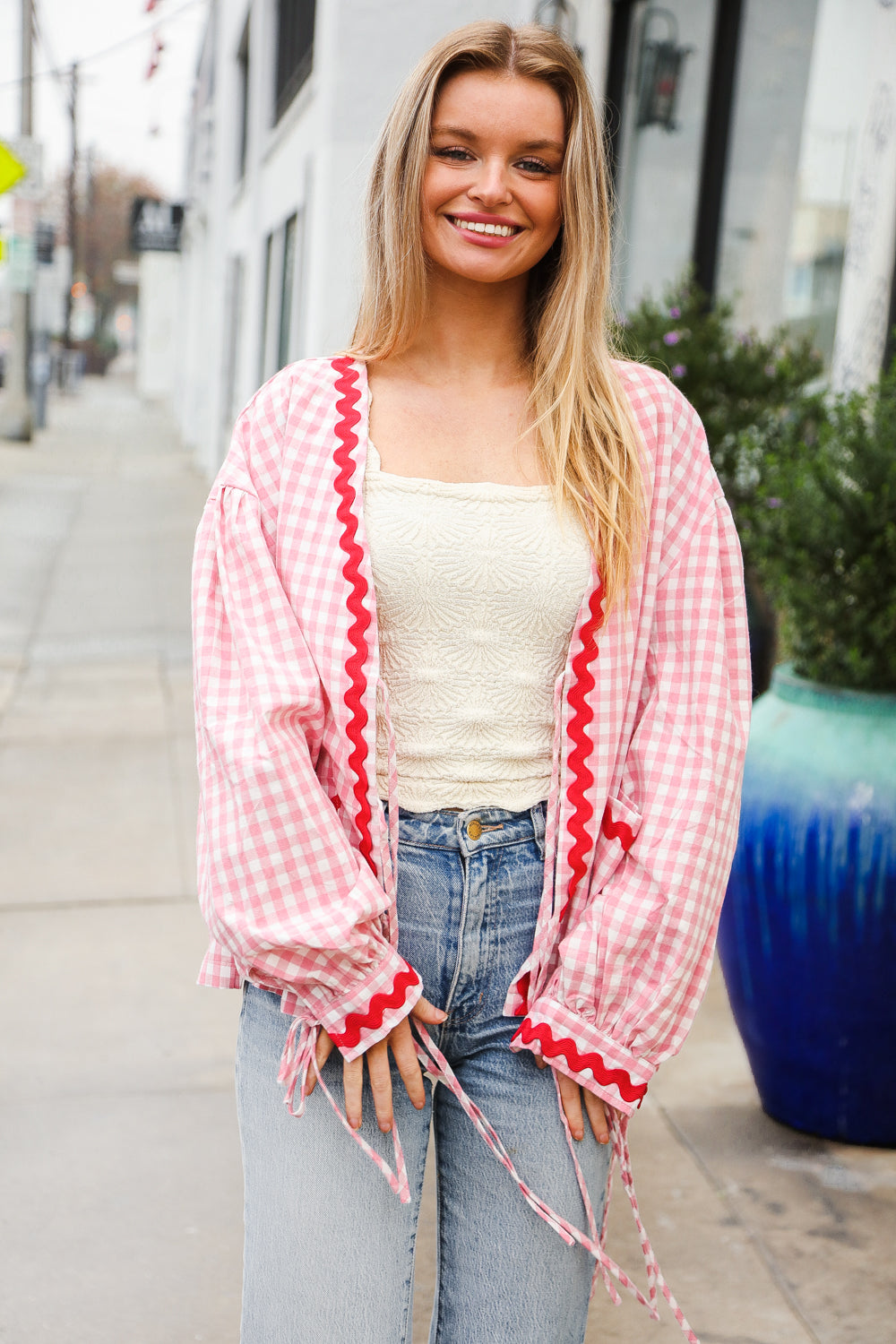 Eliza® | Spellbound red and pink cotton ribbon tie jacket with gingham pockets