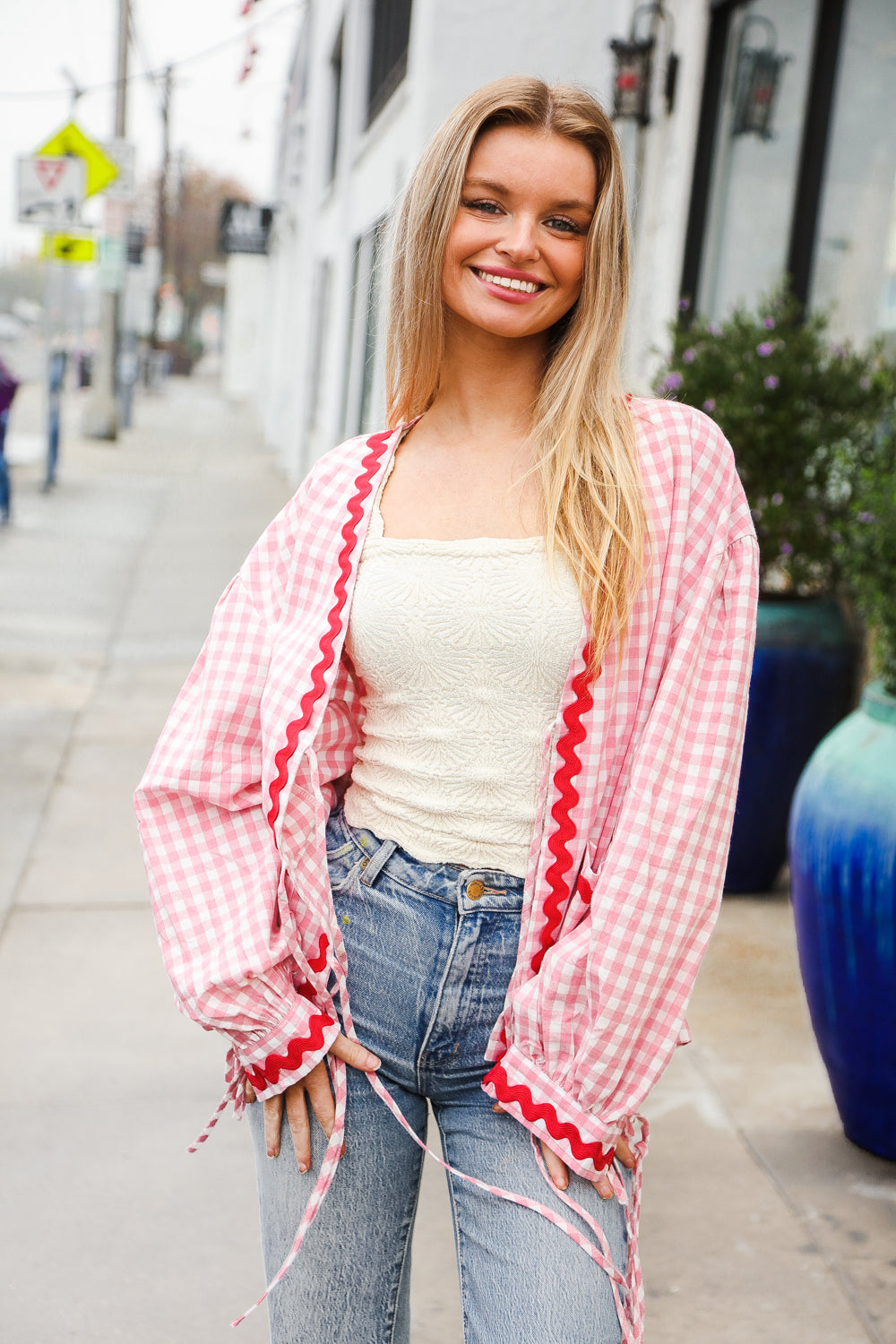 Eliza® | Spellbound red and pink cotton ribbon tie jacket with gingham pockets