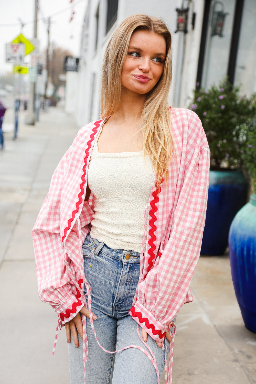 Eliza® | Spellbound red and pink cotton ribbon tie jacket with gingham pockets