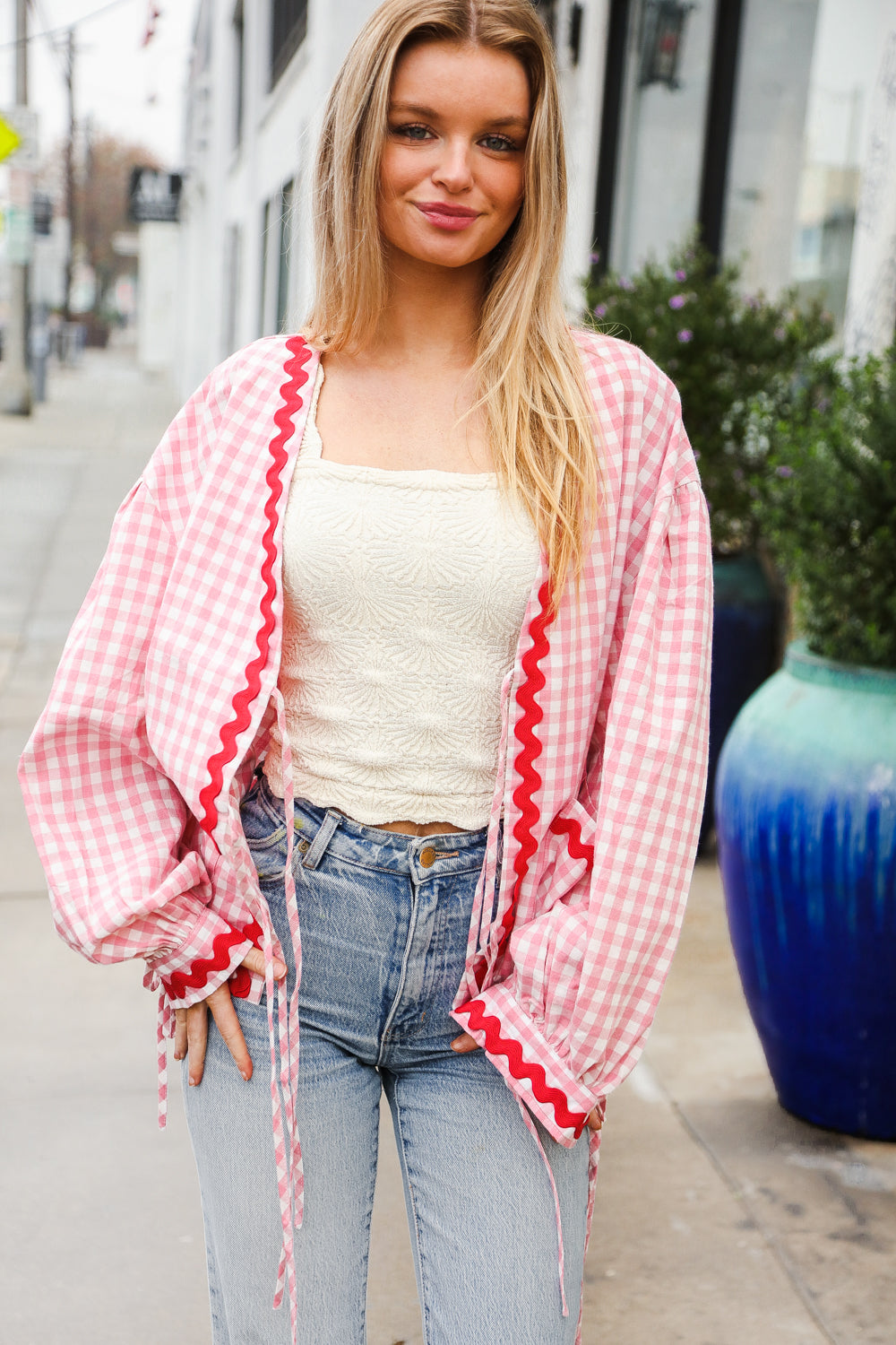 Eliza® | Spellbound red and pink cotton ribbon tie jacket with gingham pockets