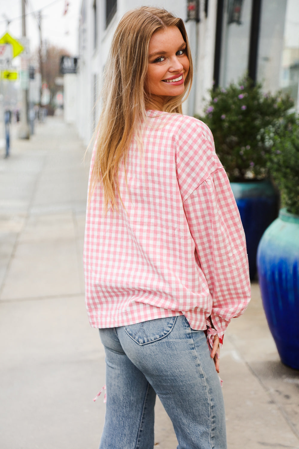 Eliza® | Spellbound red and pink cotton ribbon tie jacket with gingham pockets