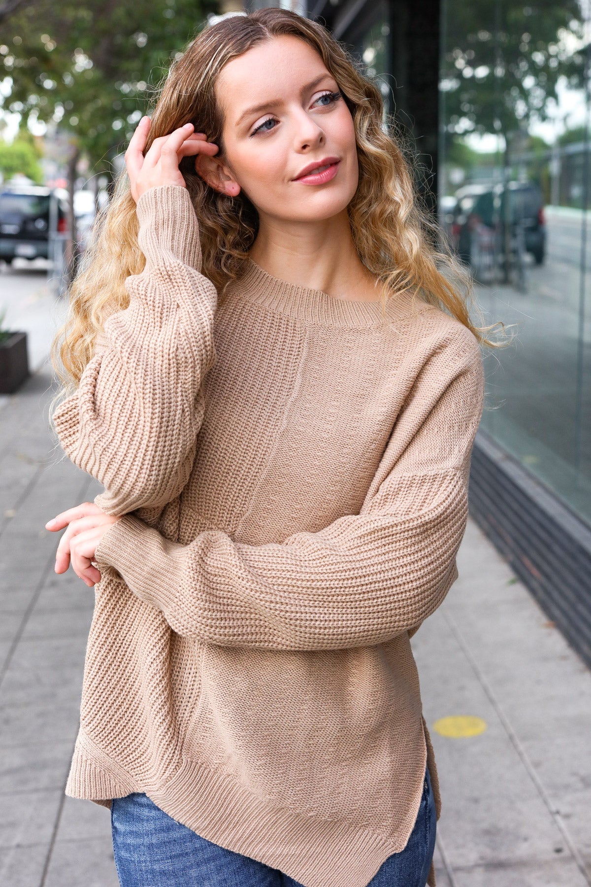 Carolin® | Asymmetrical knitted sweater in taupe from Autumn Vibes