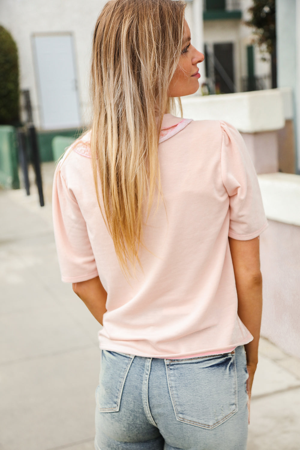 Eleanor® | New Day Blush French terry flat collar floral print blouse