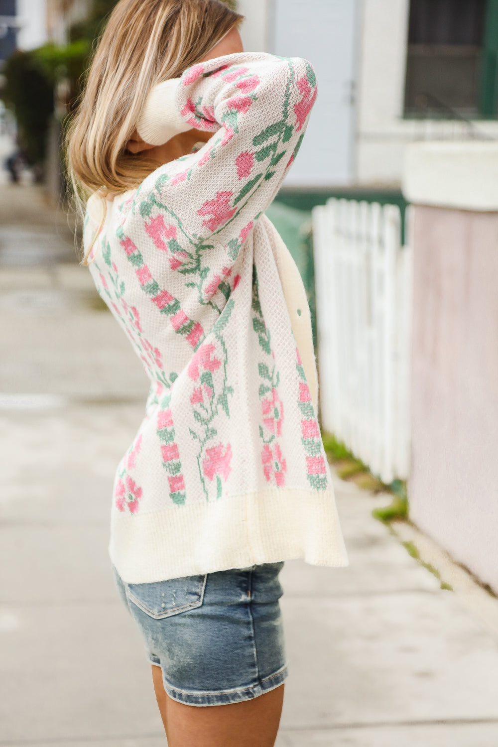 Ella® | All For Love Ivory vertical button floral jacquard cardigan