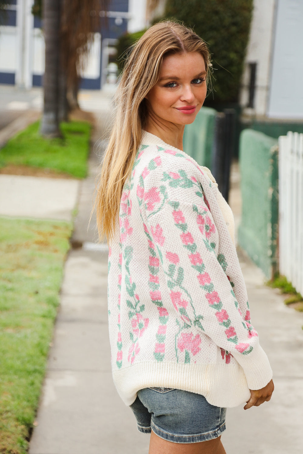 Ella® | All For Love Ivory vertical button floral jacquard cardigan