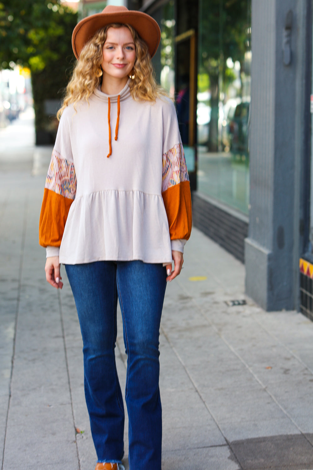 Claudia® | Babydoll terry turtleneck top in taupe and rust