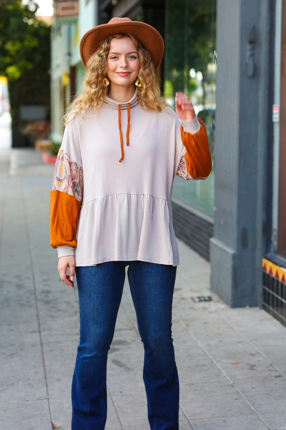 Claudia® | Babydoll terry turtleneck top in taupe and rust