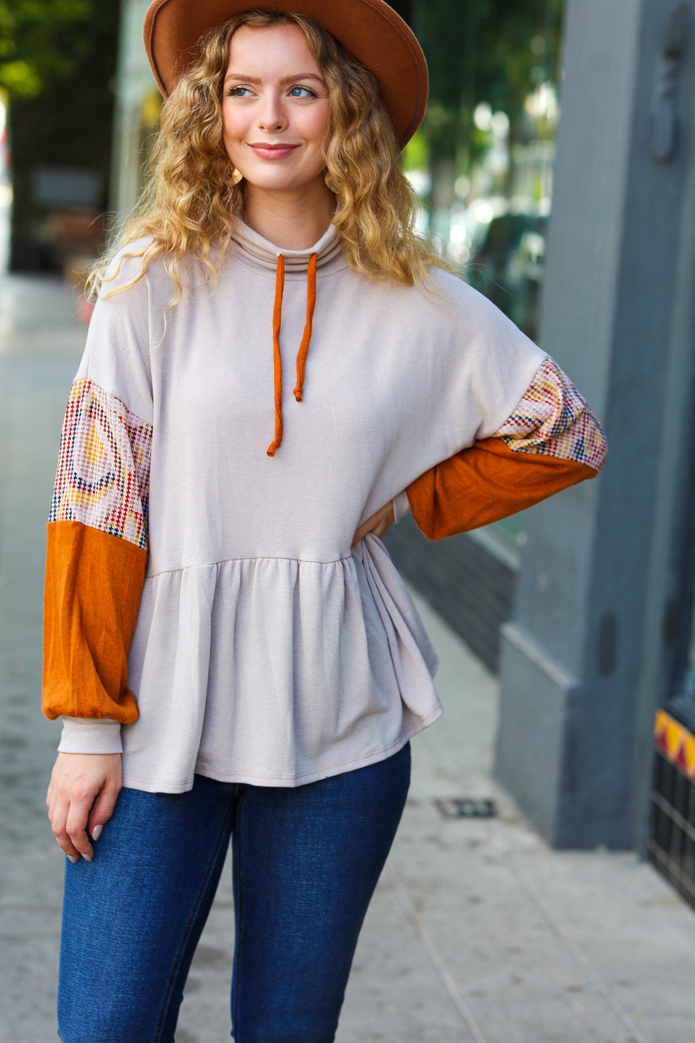 Claudia® | Babydoll terry turtleneck top in taupe and rust