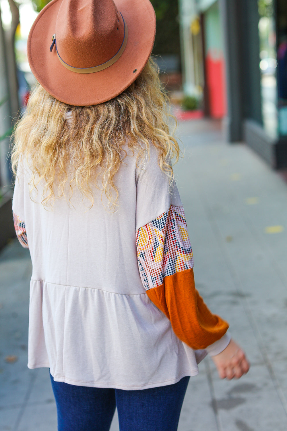 Claudia® | Babydoll terry turtleneck top in taupe and rust
