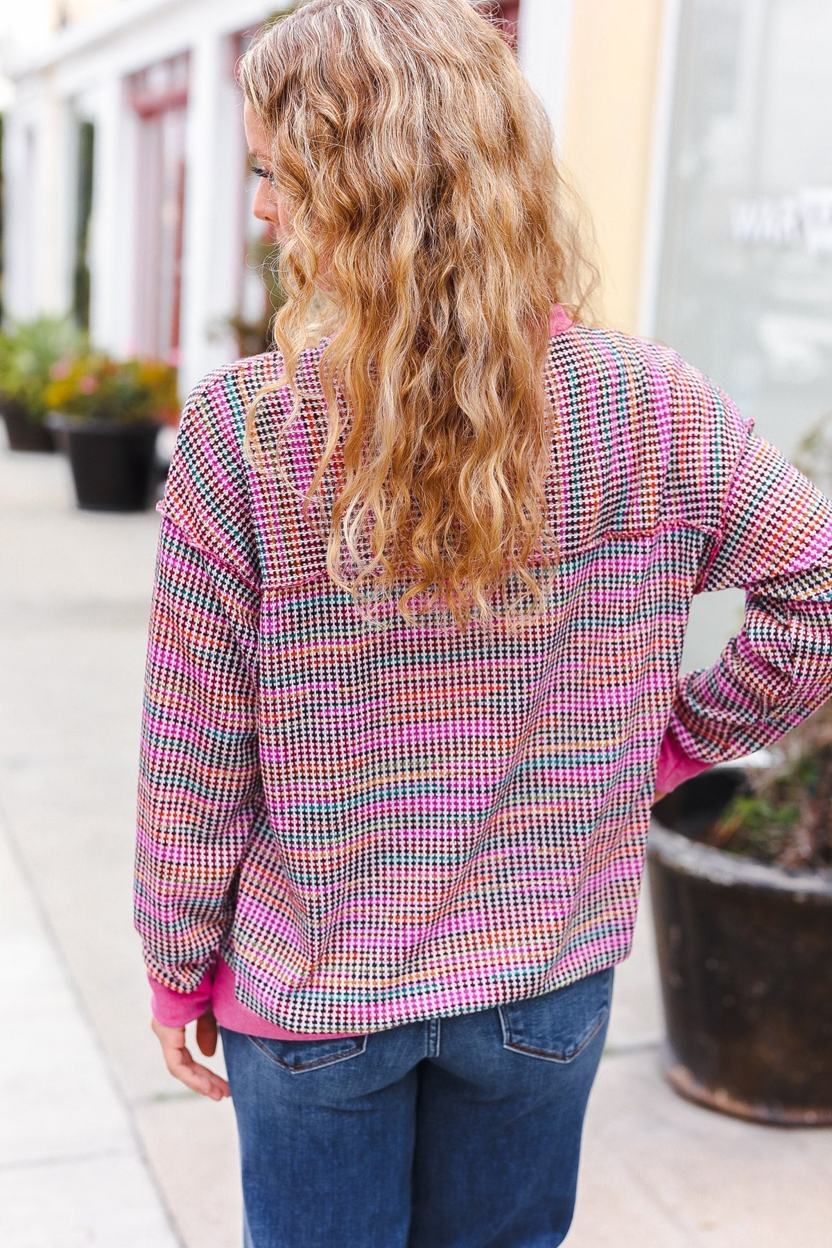 Elisa | Bring Joy Magenta Multicolor Textured Waffle Knit Sweater