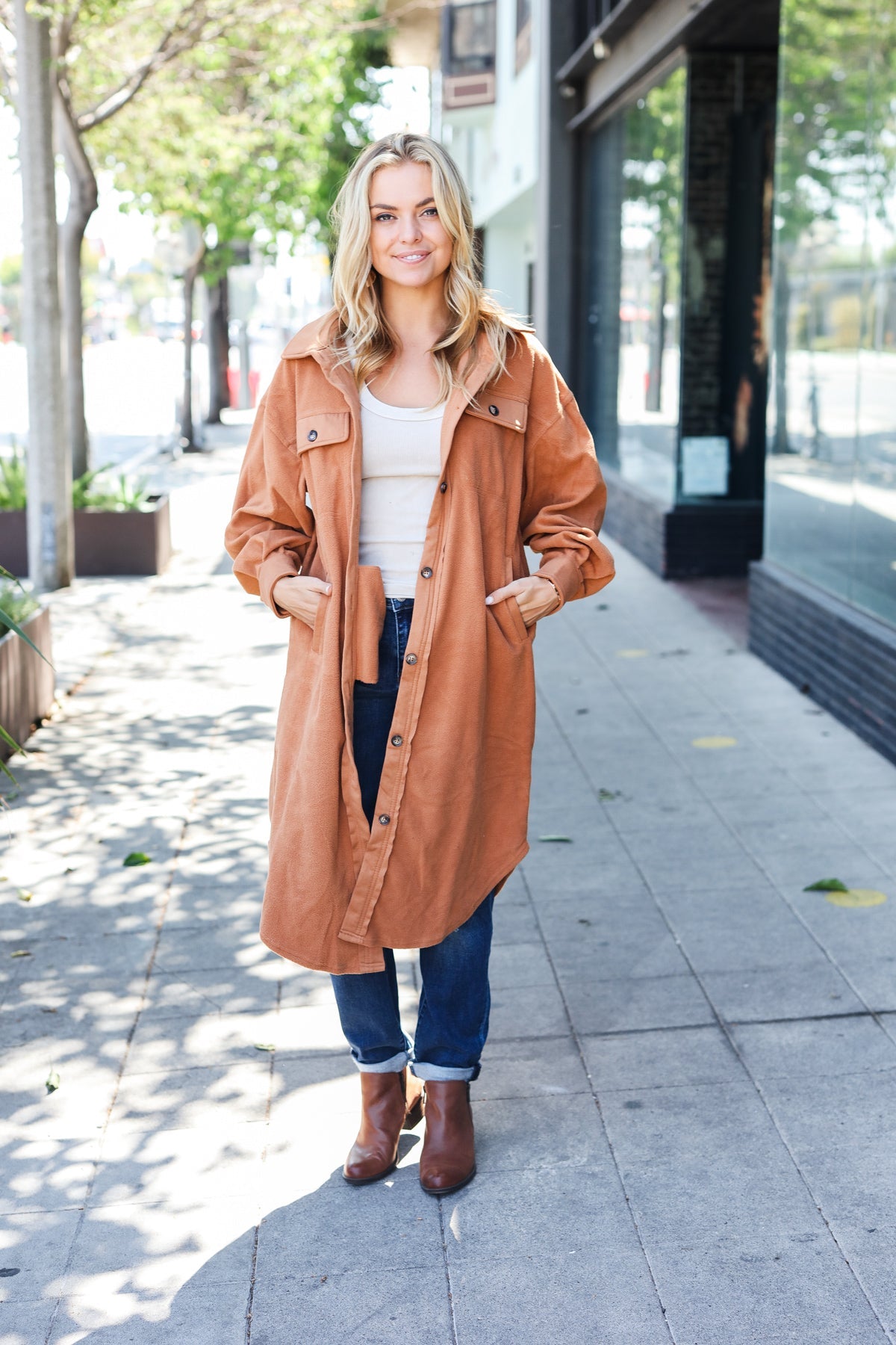 Doris® | Turn Heads Camel Fleece Button Down Duster Jacket