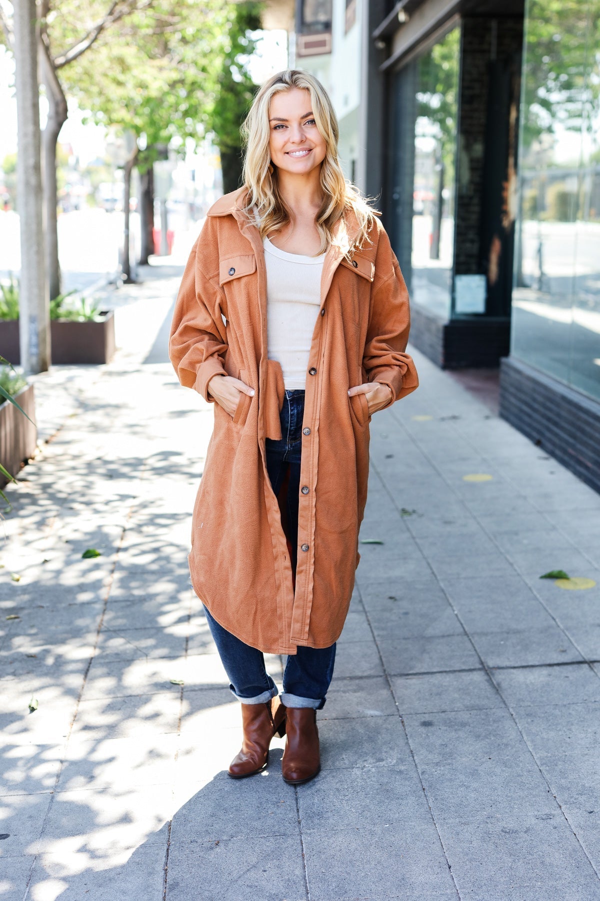 Doris® | Turn Heads Camel Fleece Button Down Duster Jacket