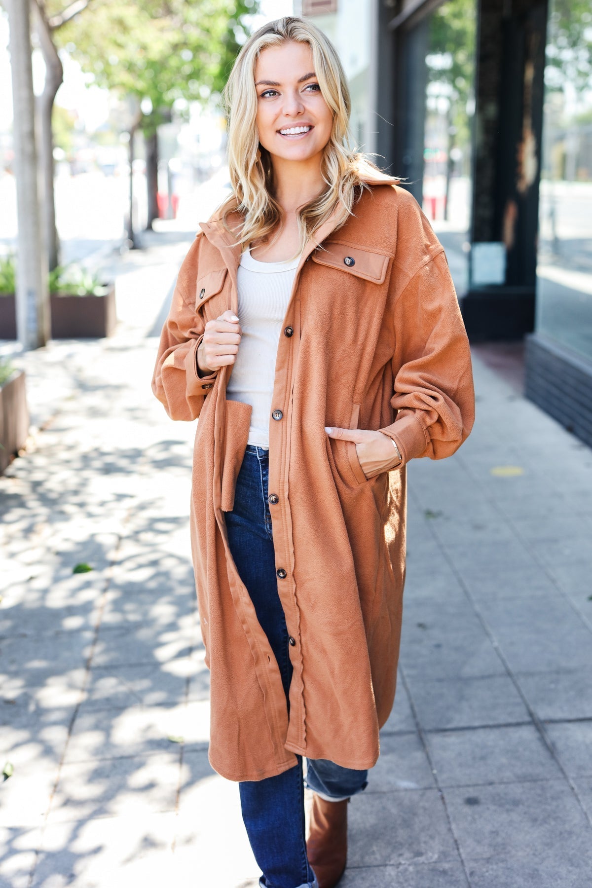Doris® | Turn Heads Camel Fleece Button Down Duster Jacket