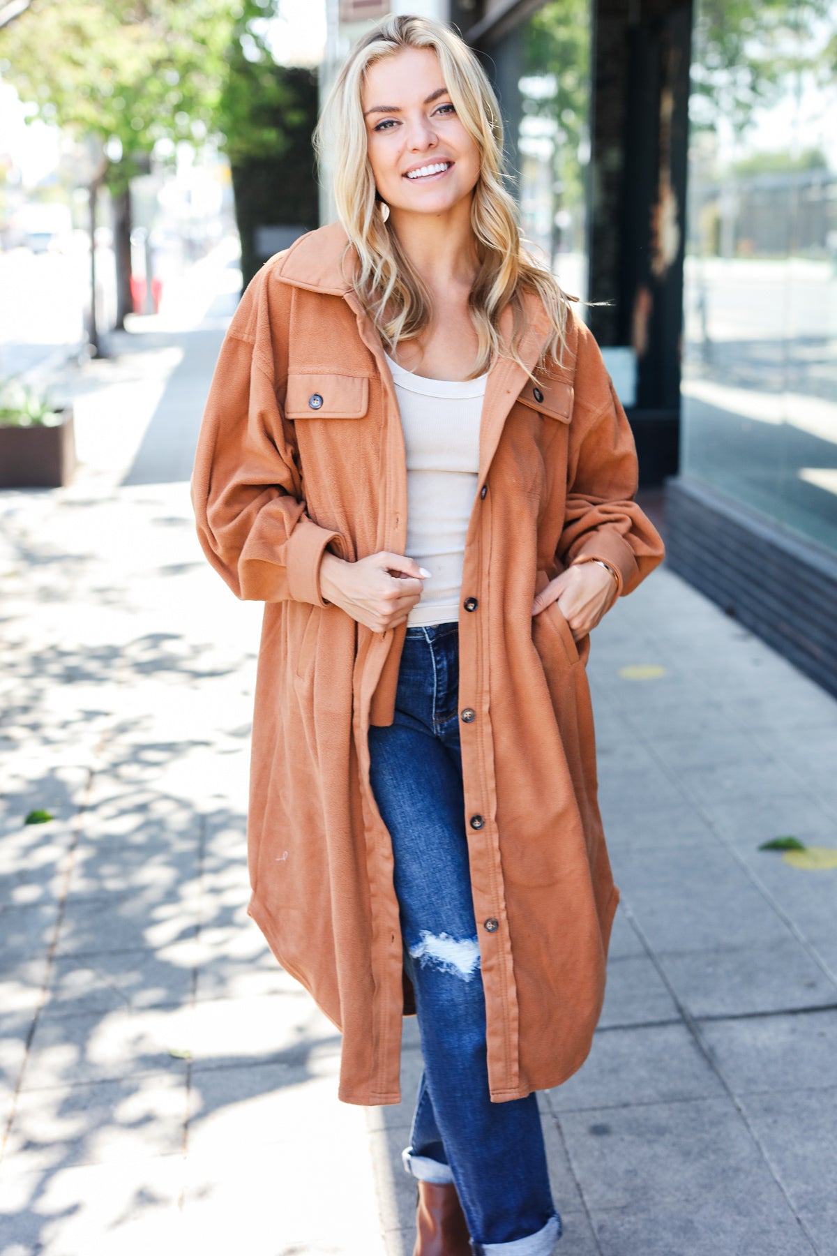 Doris® | Turn Heads Camel Fleece Button Down Duster Jacket