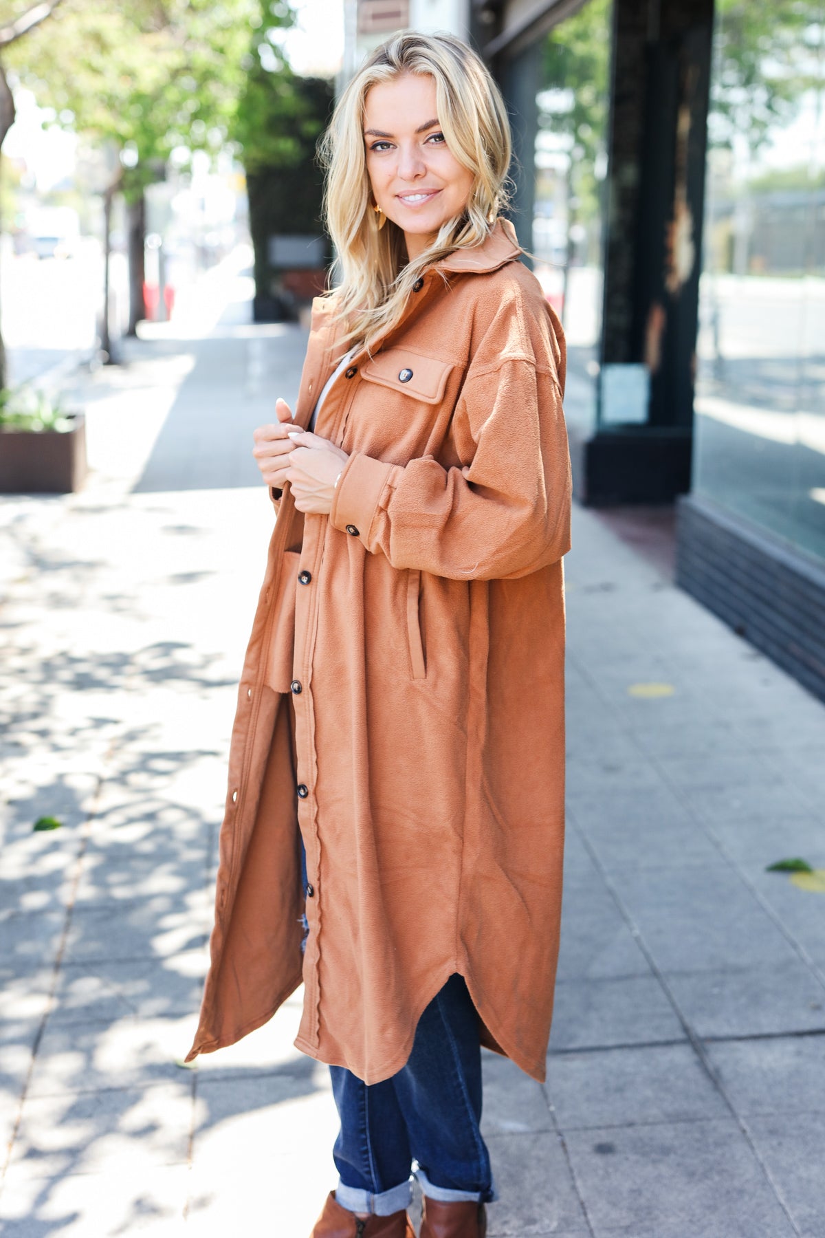 Doris® | Turn Heads Camel Fleece Button Down Duster Jacket
