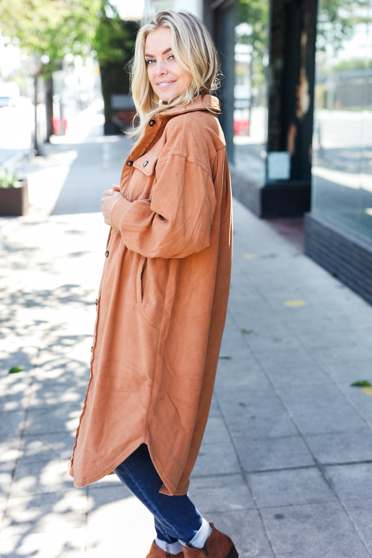 Doris® | Turn Heads Camel Fleece Button Down Duster Jacket