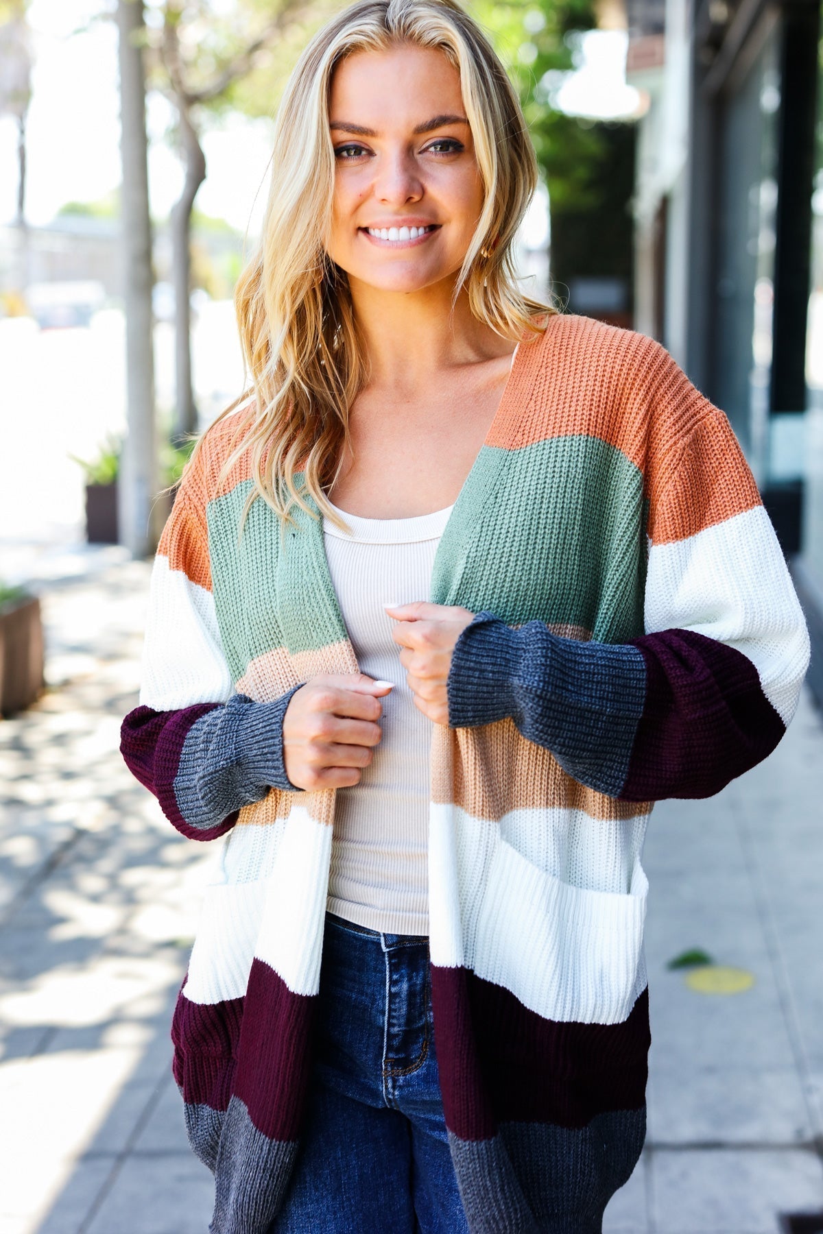 Elfriede® | Put together an open cardigan in a plum and olive color block design