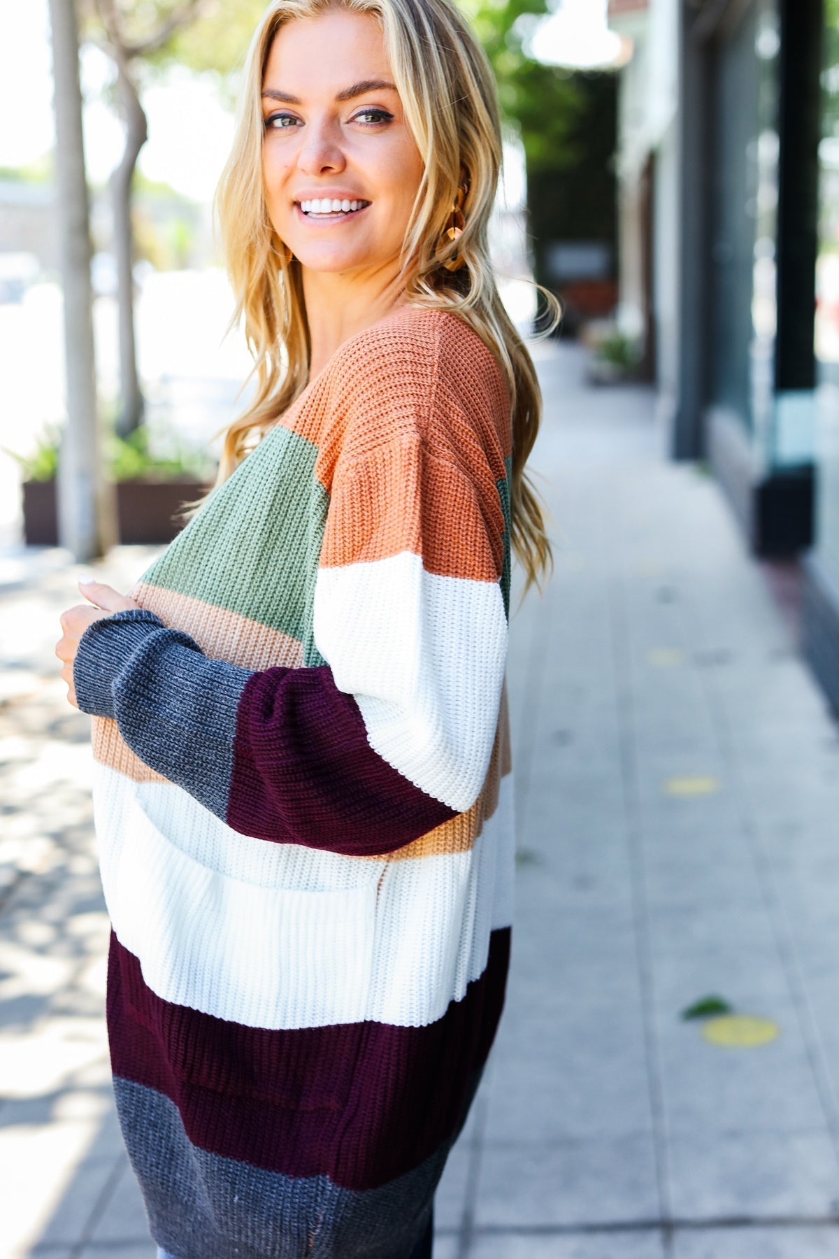 Elfriede® | Put together an open cardigan in a plum and olive color block design