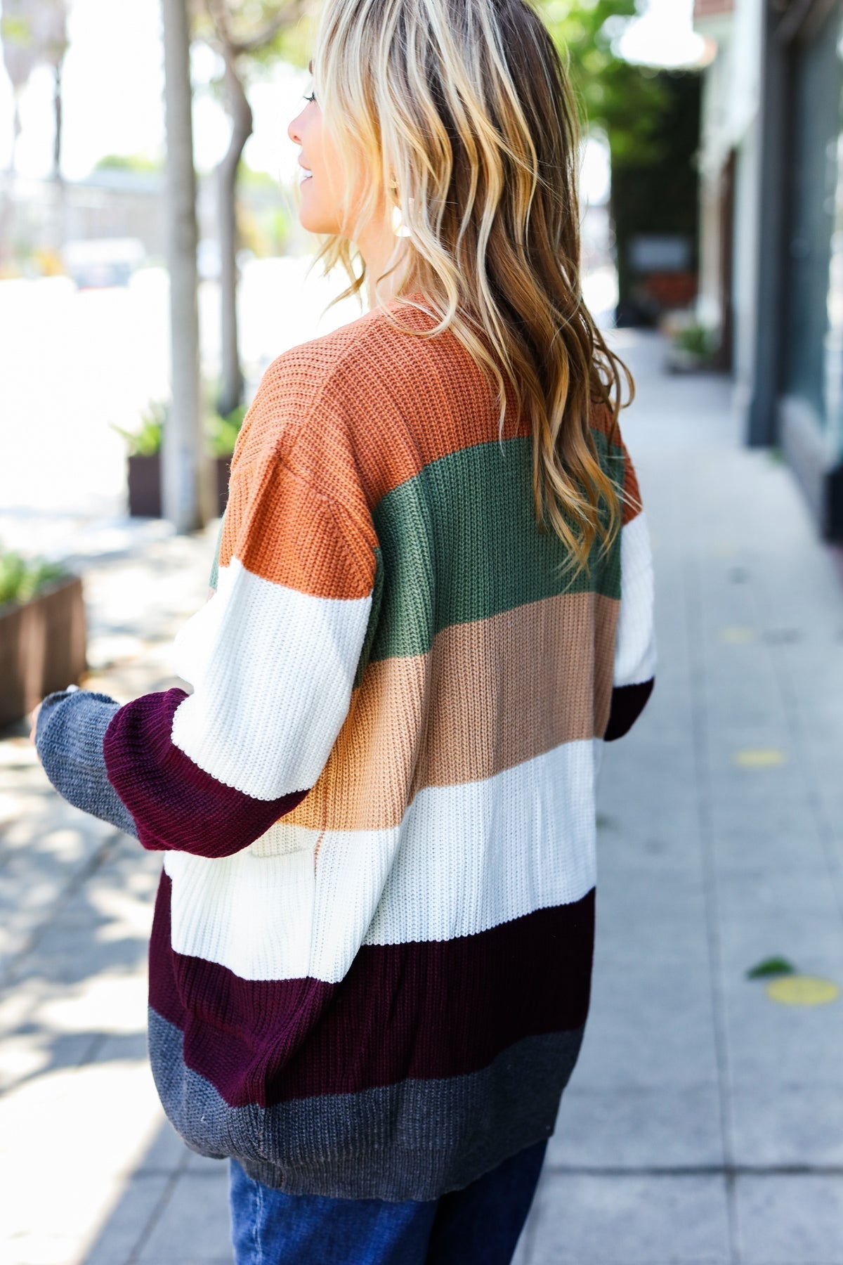 Elfriede® | Put together an open cardigan in a plum and olive color block design