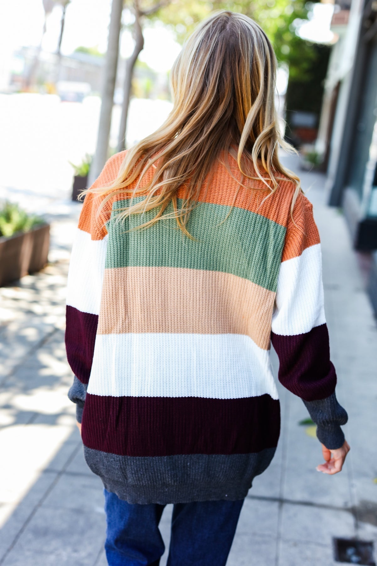 Elfriede® | Put together an open cardigan in a plum and olive color block design