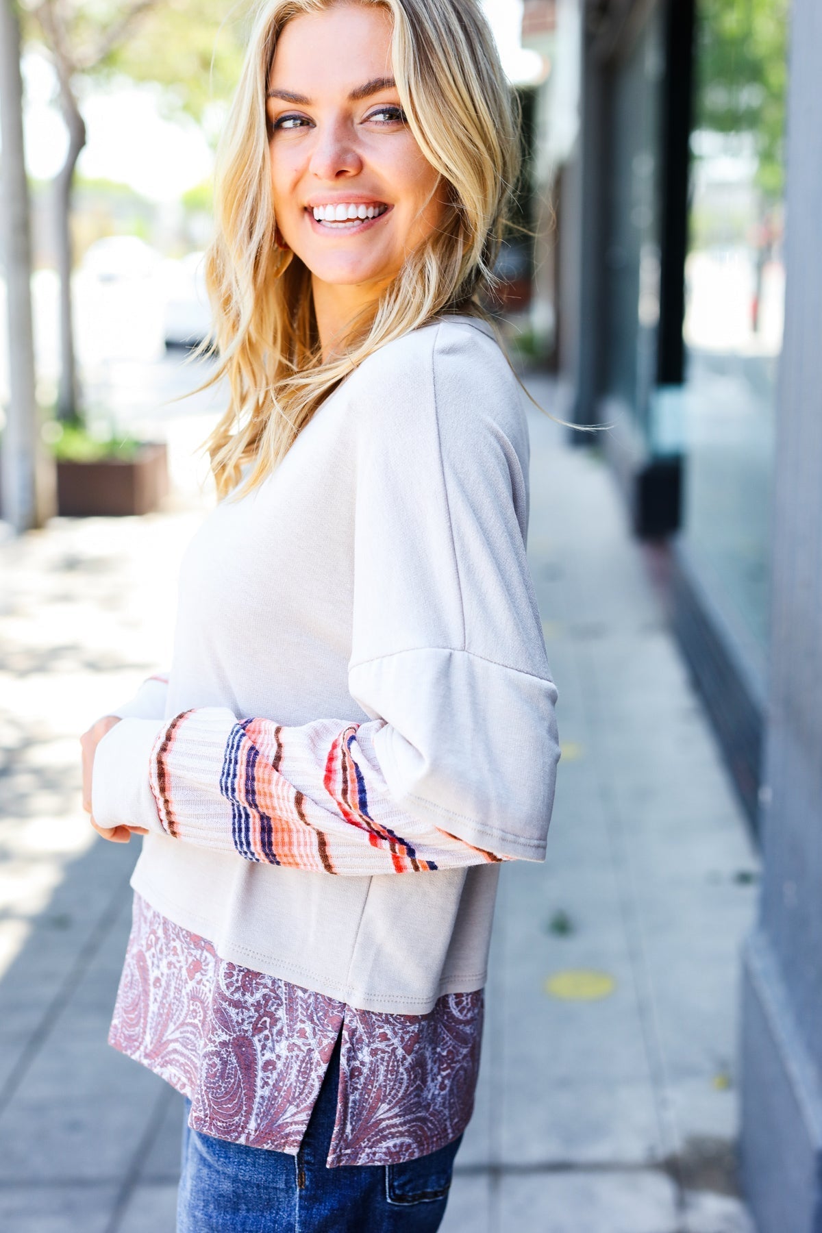Beatrice® | Boho Energy Taupe Stripe & Paisley Twofer Terry Top