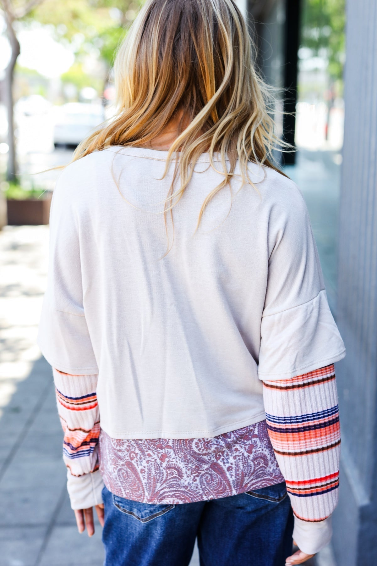Beatrice® | Boho Energy Taupe Stripe & Paisley Twofer Terry Top