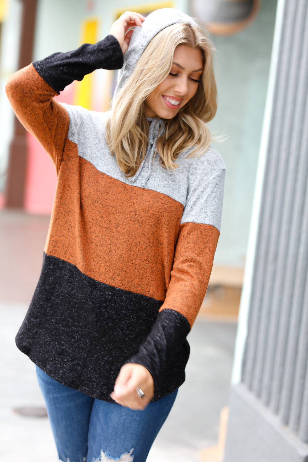 Claudia® | Heather Gray & Rust color block hoodie top