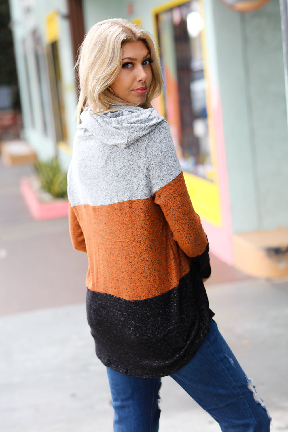 Claudia® | Heather Gray & Rust color block hoodie top