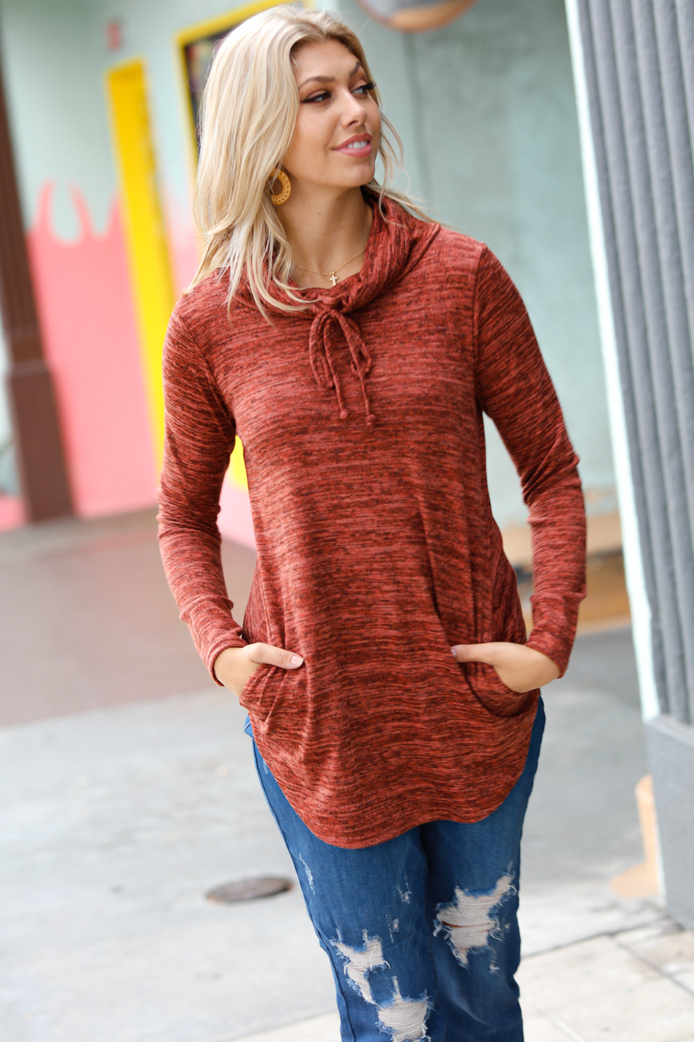 Cristiana® | Rust colored cowl neck top with pockets