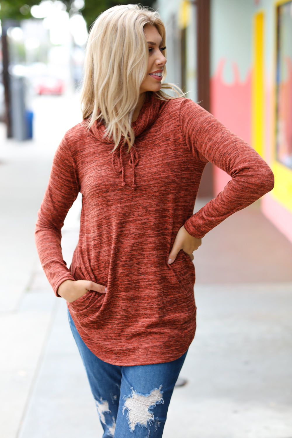Cristiana® | Rust colored cowl neck top with pockets