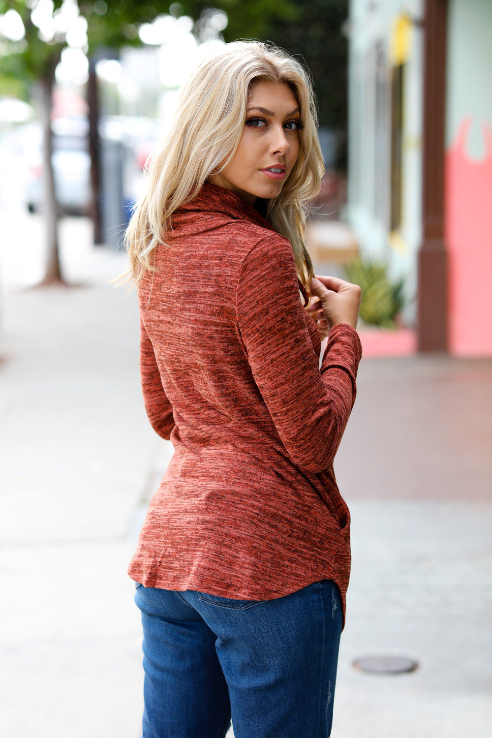 Cristiana® | Rust colored cowl neck top with pockets