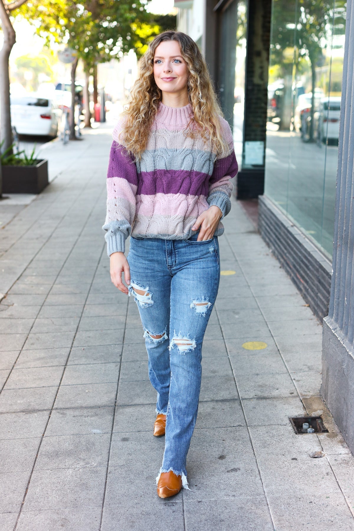 Aneta® | Fall For You mauve multicolor striped cable knit turtleneck sweater