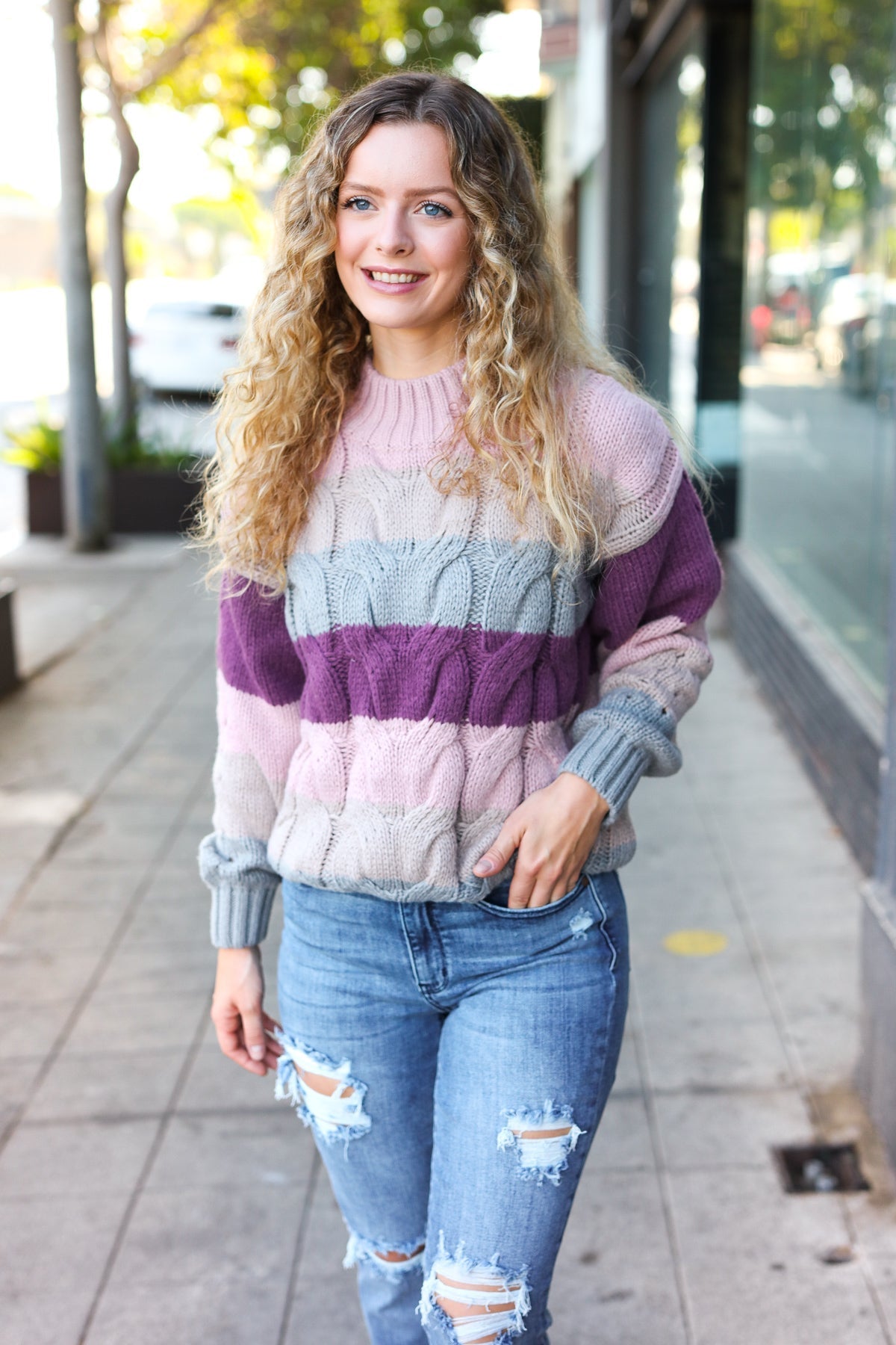 Aneta® | Fall For You mauve multicolor striped cable knit turtleneck sweater