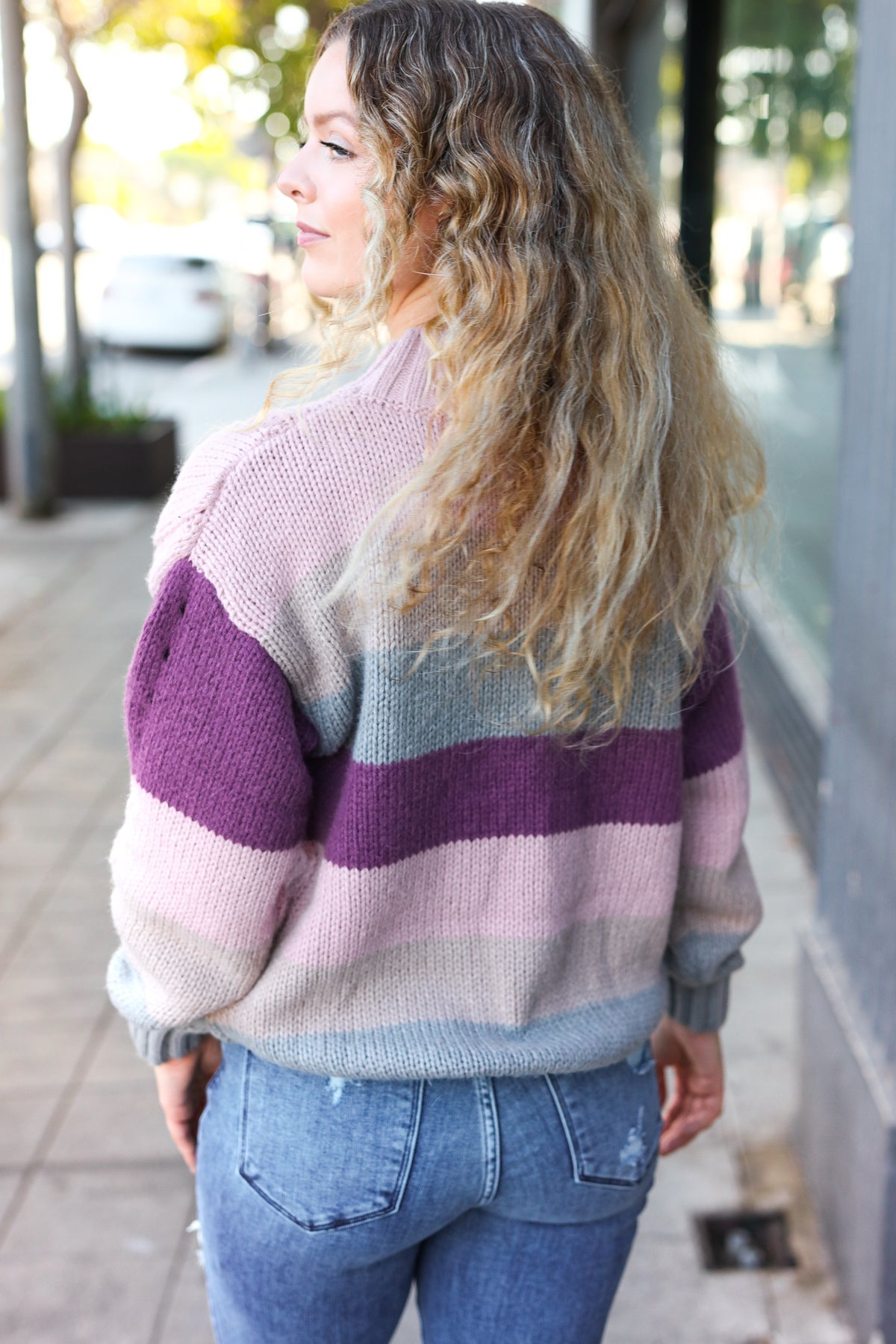 Aneta® | Fall For You mauve multicolor striped cable knit turtleneck sweater