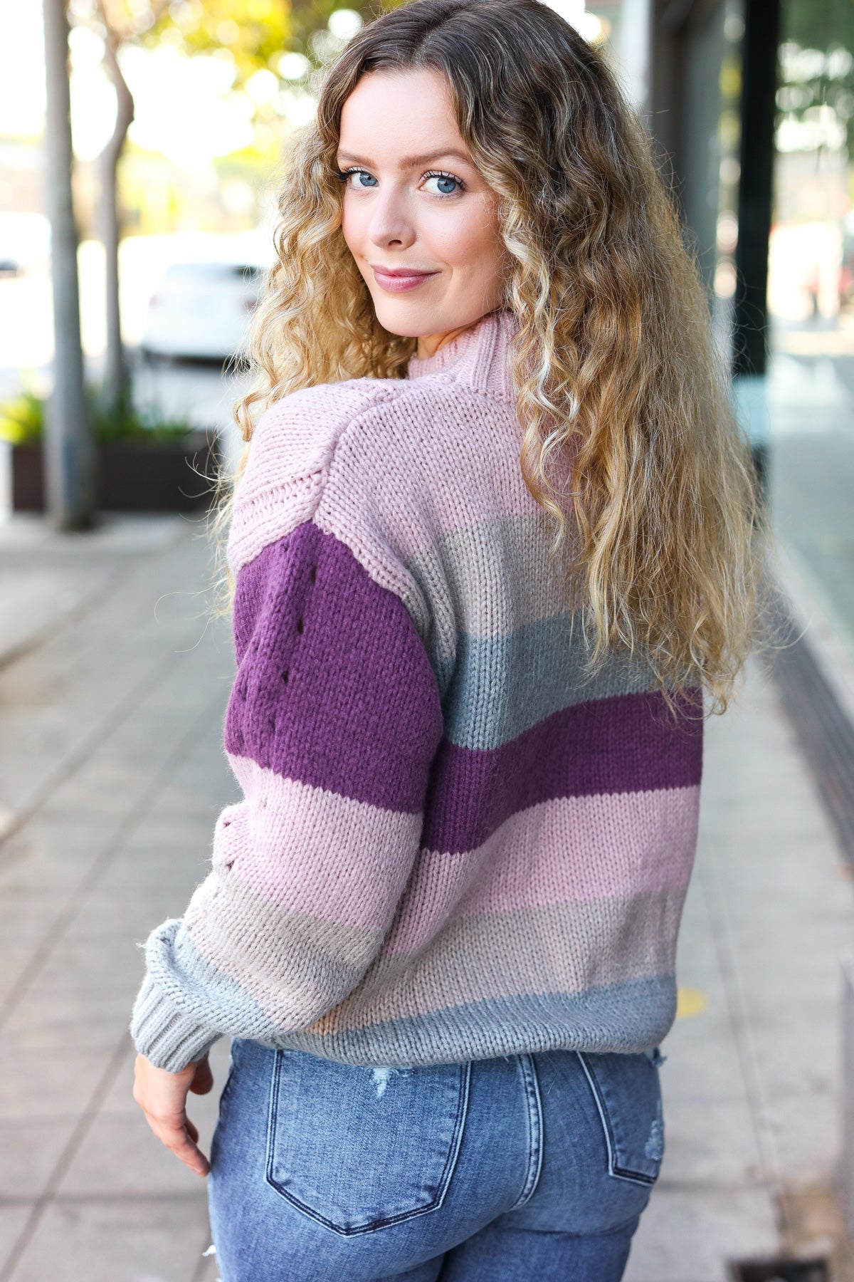 Aneta® | Fall For You mauve multicolor striped cable knit turtleneck sweater