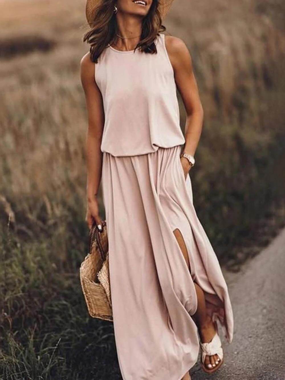 Rose | Loose Waisted Sleeveless Slit Dress - Breezy Summer Dress