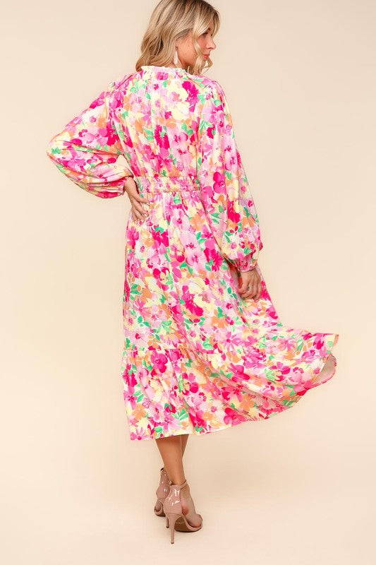Carmen® | Haptics full size floral dress with surplice balloon sleeves and side pockets
